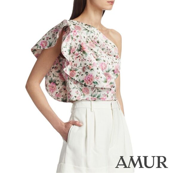 AMUR **NWT** Jasmine One-Shoulder Ruffle Top in Eggshell Pink Floral - Picture 10 of 14
